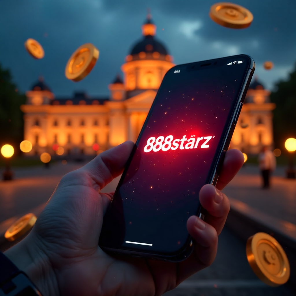 A premium smartphone held in a hand featuring the 888starz app, with the Palace of Culture and Science in Warsaw in the background, official red and white brand colors, 3D flying golden coins and roulette elements, cinematic lighting, 8k.